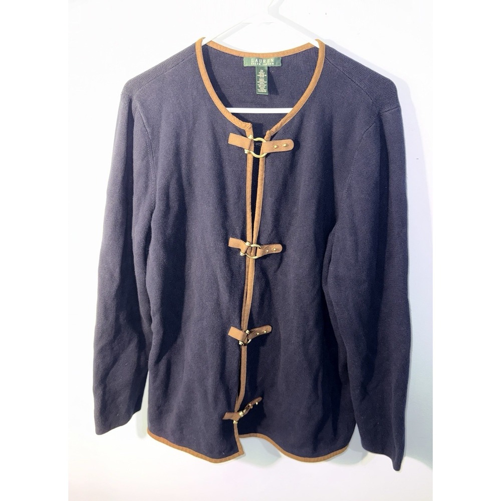 RALPH LAUREN Green label Equestrian Buckle Cardigan Jacket Navy Suede Trim Sz 2X